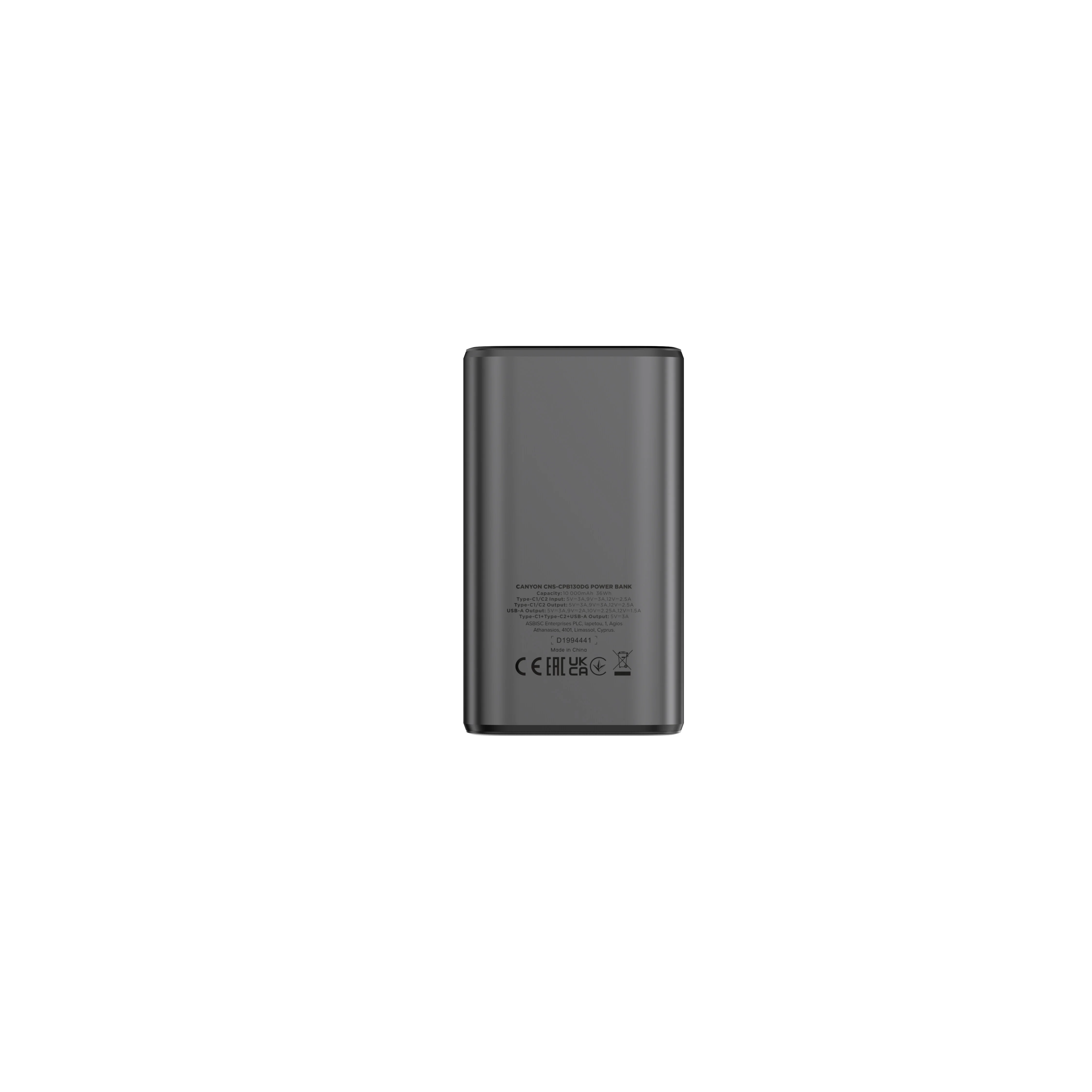 Canyon Power Bank PB-130, 10000mAh PD30W, TFT display, dark grey