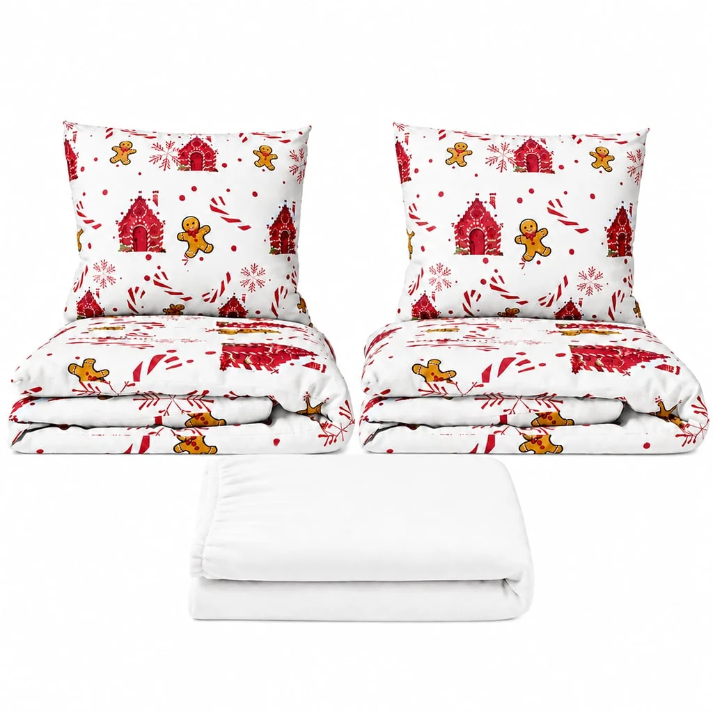Povlečeme vše Set dvoulůžko Domečky červené - 2x povlečení, prostěradlo 180x200 cm (035) bílá