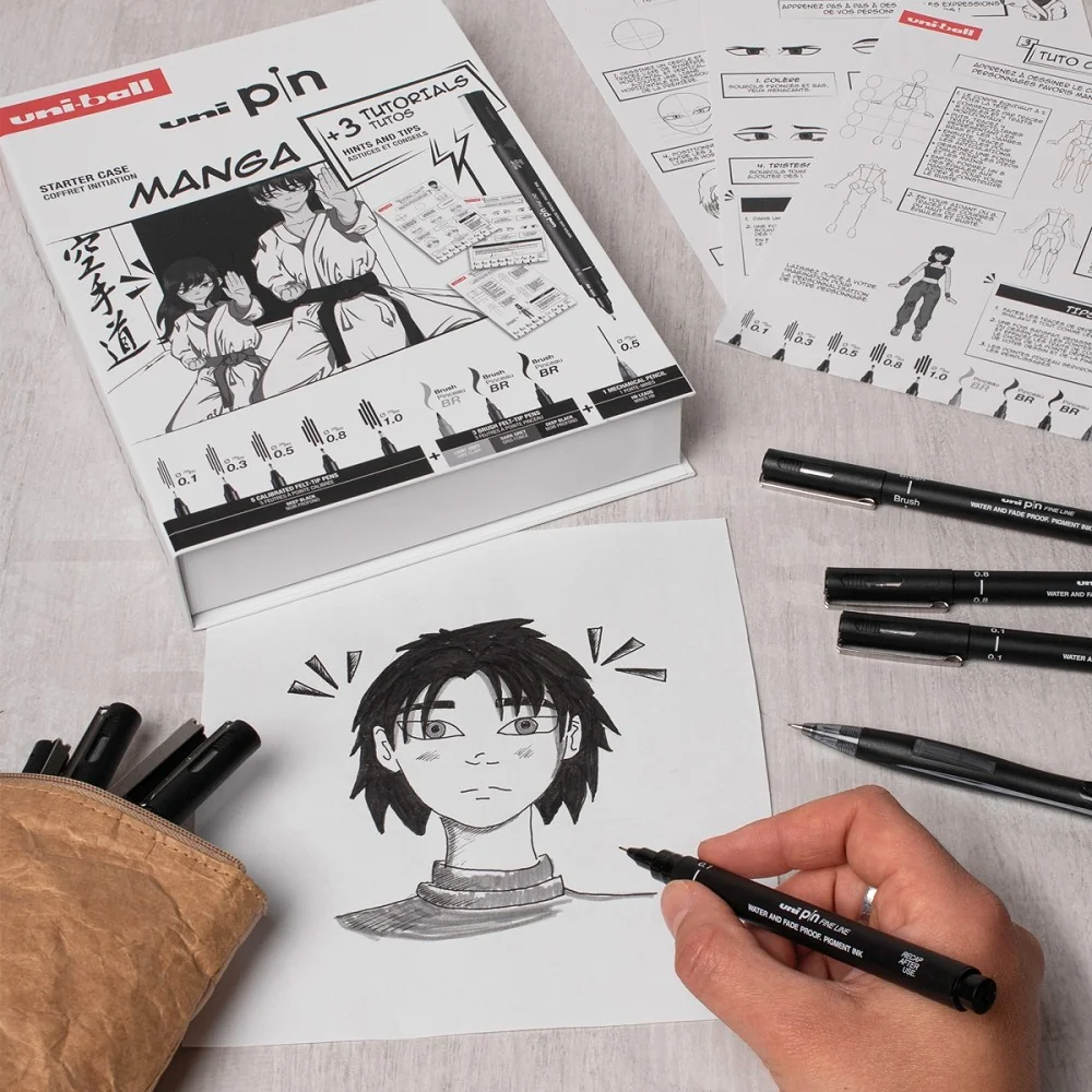 UNI PIN sada Manga - dárkový box, 8 linerů + SHALAKU mikrotužka, mix barev