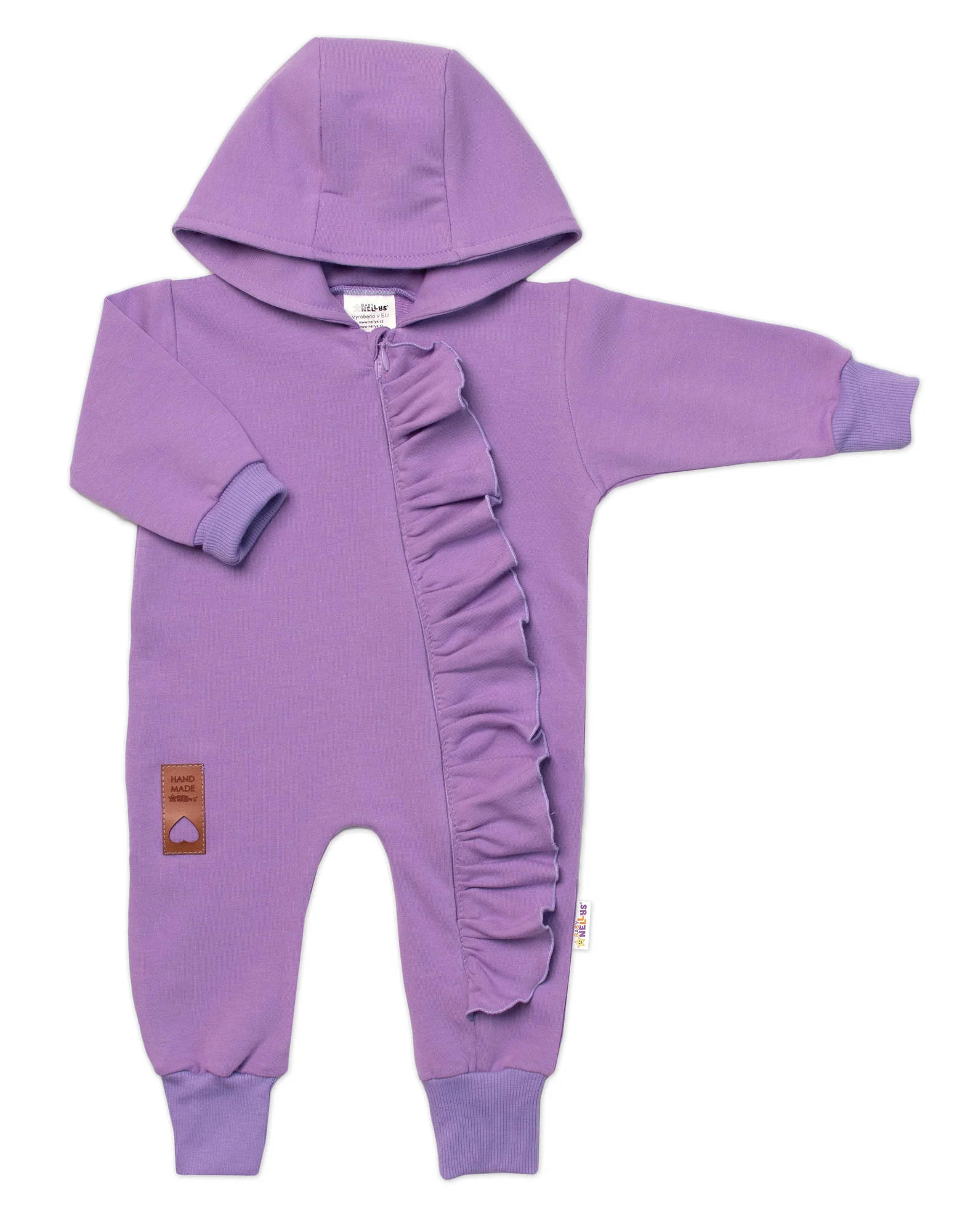 Baby Nellys Teplákový overal s volánkem a kapucí GIRL,fialový, vel. 68