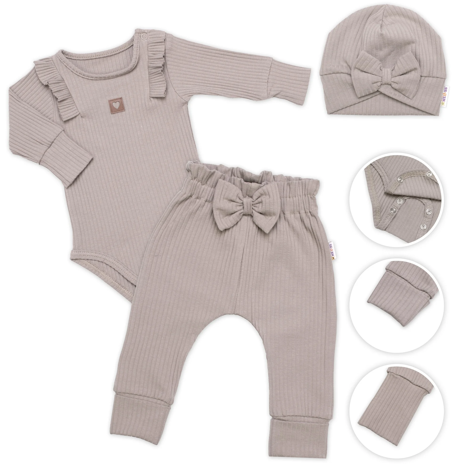 Baby Nellys Žebrovaná rostoucí souprava 3D, Baby Girl - taupe, vel. 68/74