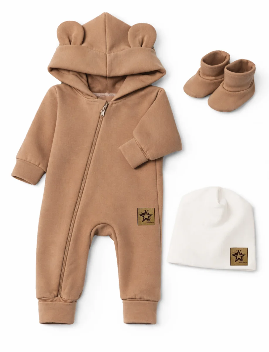 Baby Nellys Rostoucí oteplený overál s čepičkou a botičkami, 3D - karamelový, vel. 68/74 