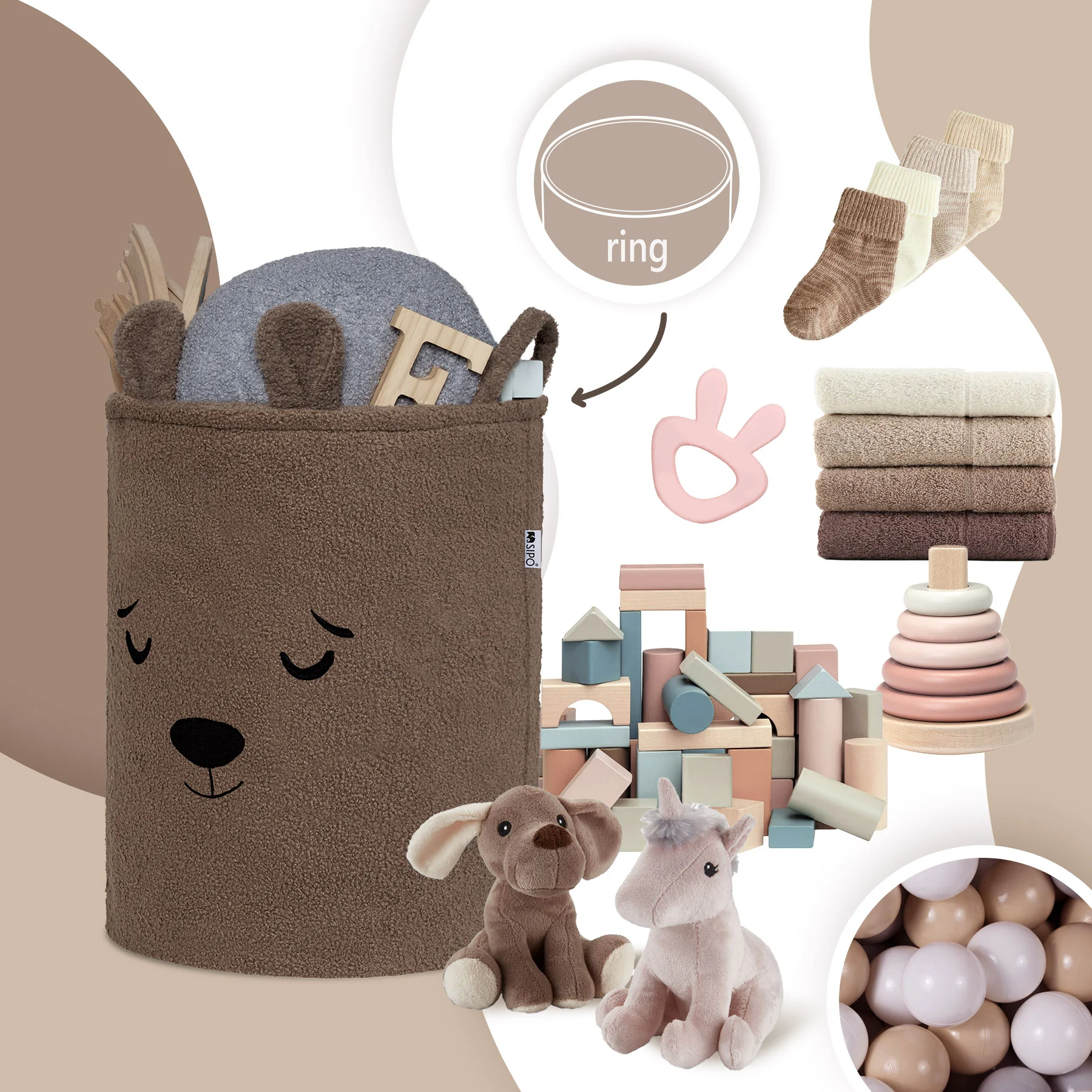 SIPO Koš na hračky Premium Bouclé se šňůrkou / 43 l, Bear (Brown)