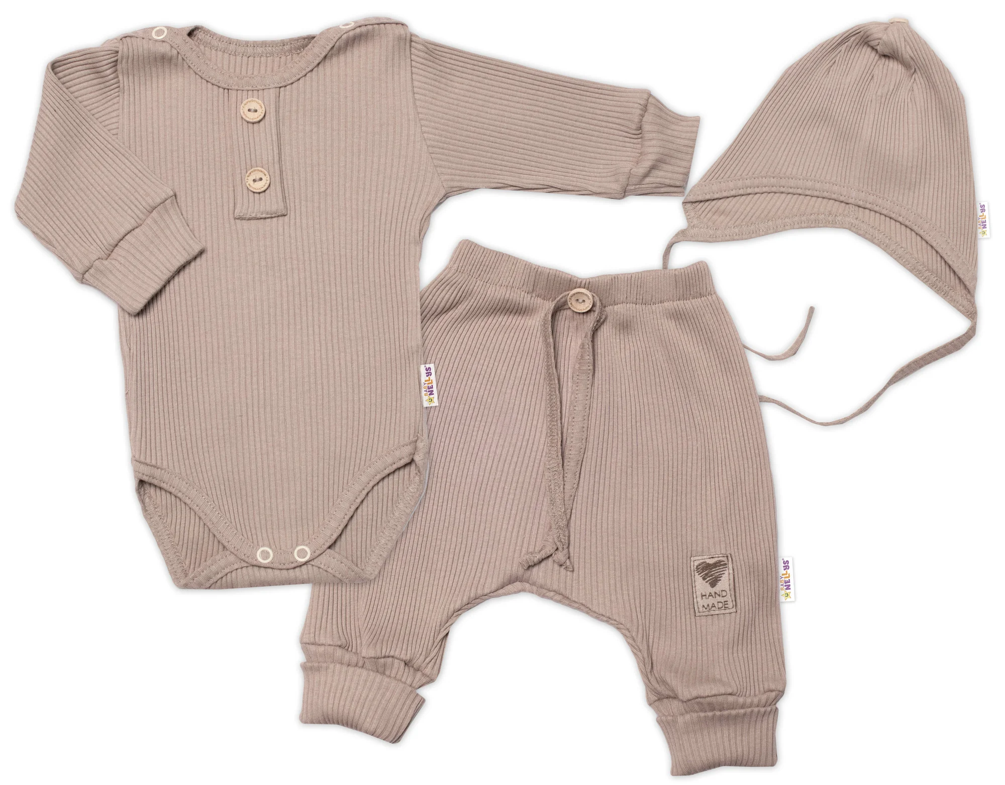 Baby Nellys 3-dílná žebrovaná soupr. Hand Made, body, tepláčky a čepička, béžová, vel. 62 vel. 62