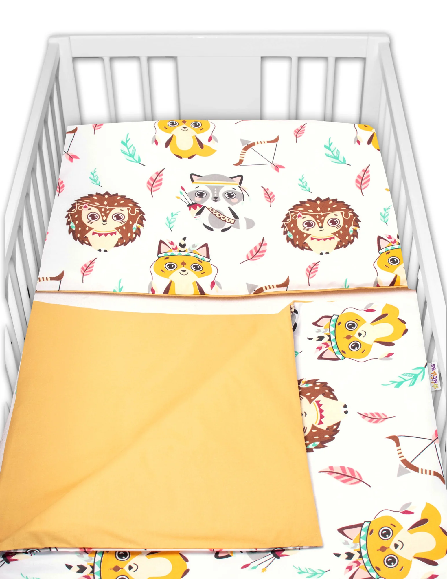 Baby Nellys 3-dílná sada Mantinel s povl. Ježek a Liška, bílá s potisk./hořčicová, 135x100