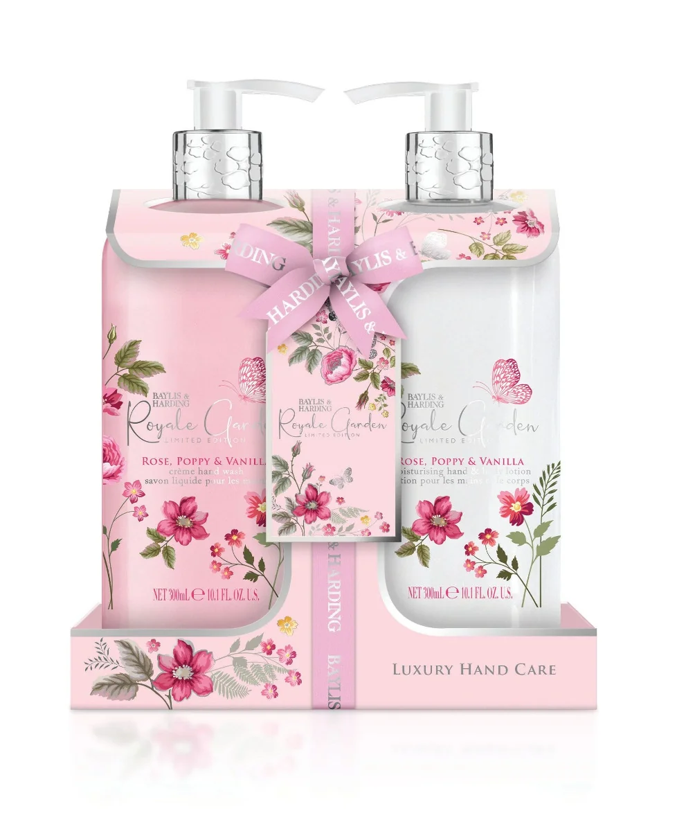 Baylis & Harding Dárková sada Royale Garden Rose, Poppy & Vanilla tekuté mýdlo + mléko na ruce 2x300 ml
