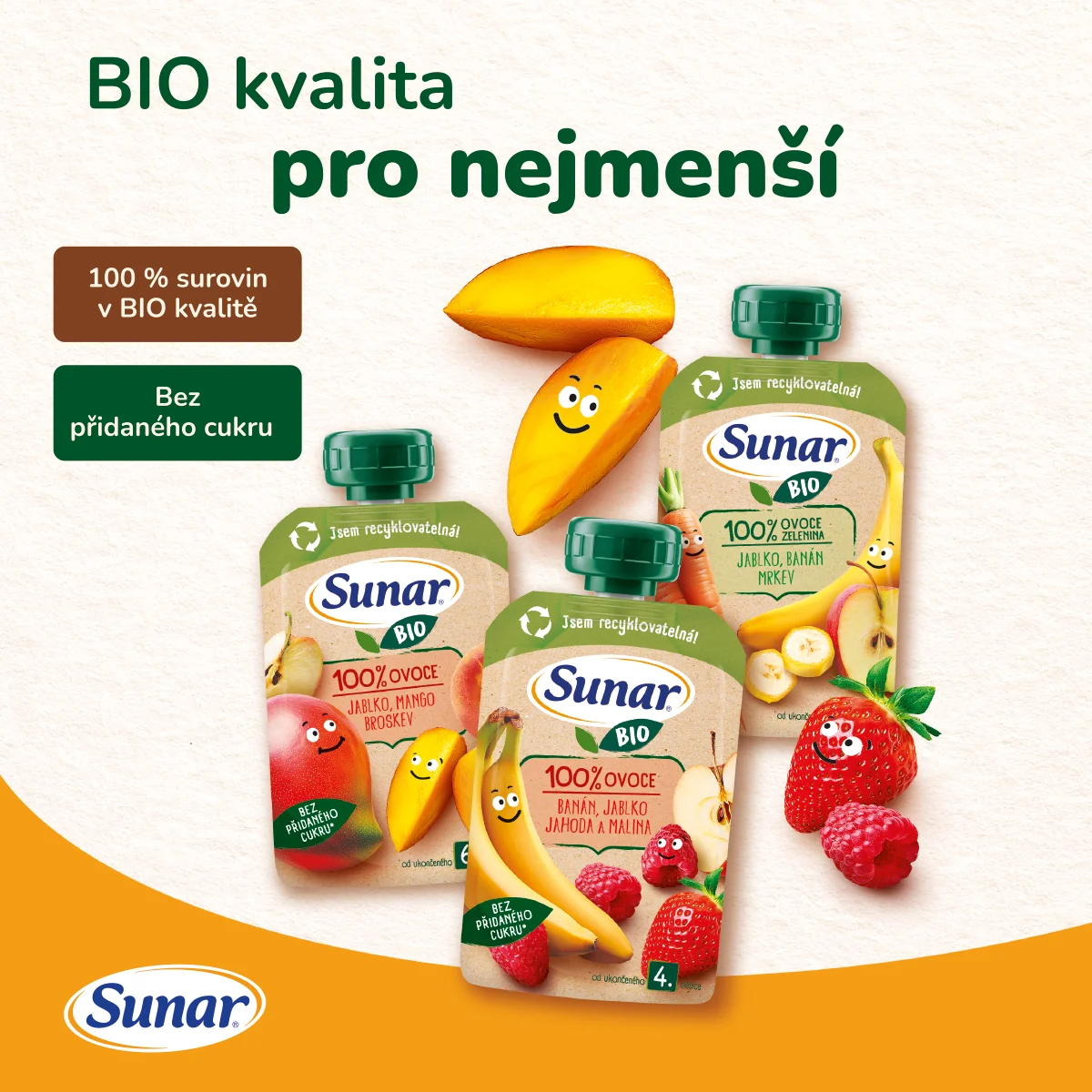 Sunar BIO Banán, jablko, jahoda, malina 4m+ kapsička 100 g