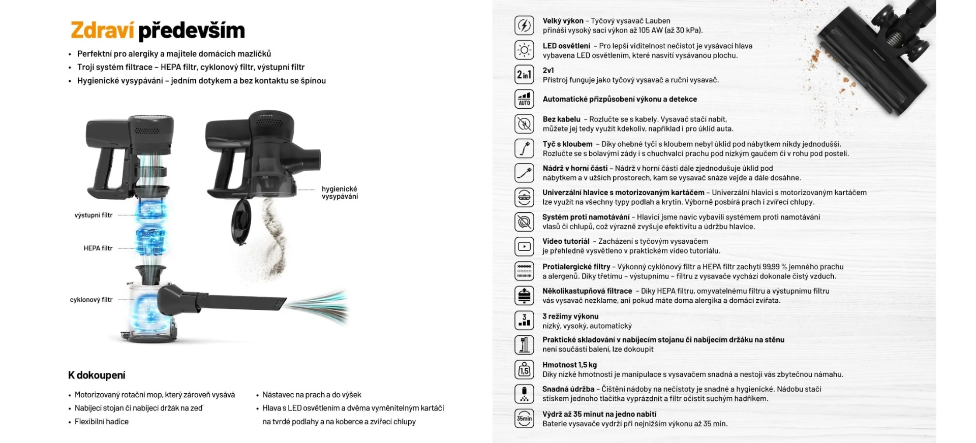 Lauben Stick Vacuum 2in1 Pet Plus 400BC tyčový vysavač 2v1