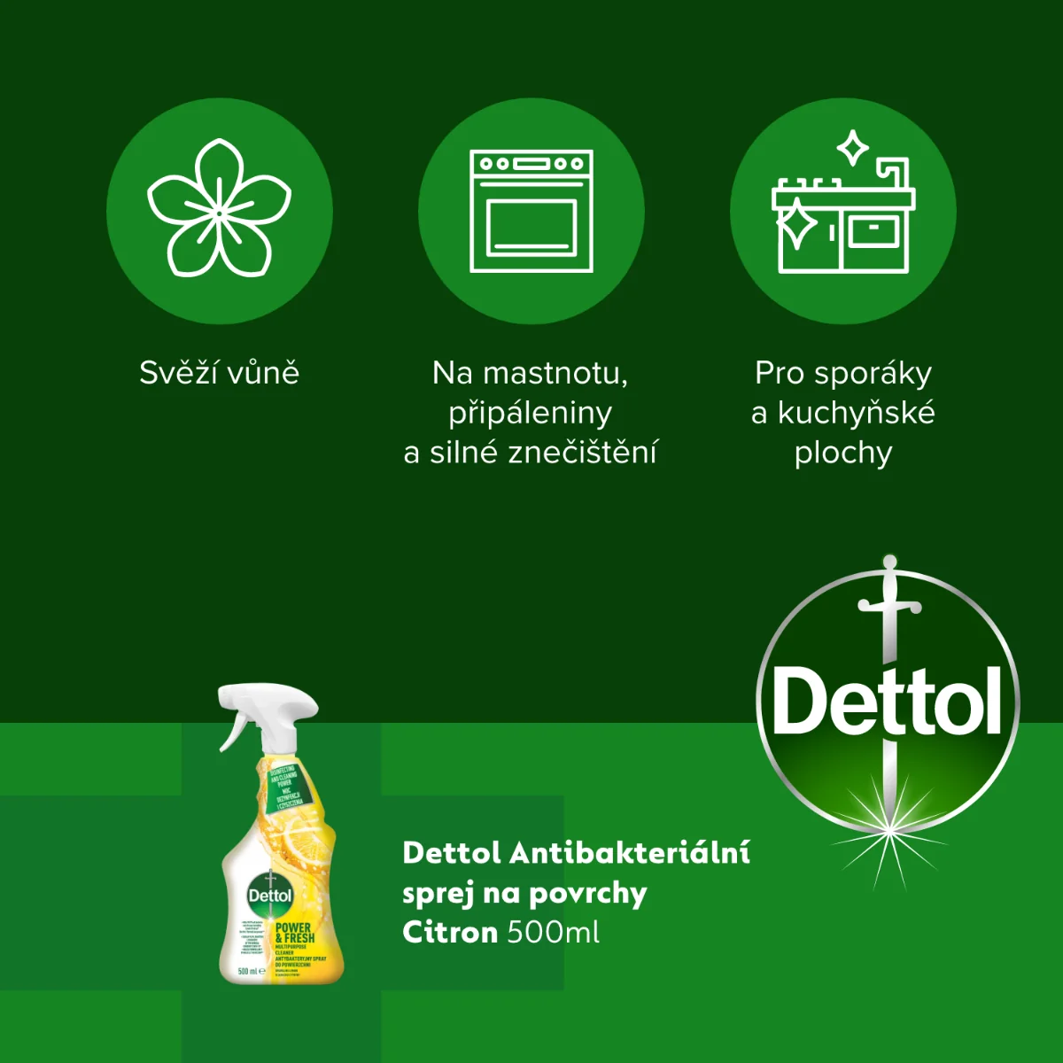 Dettol Power&Fresh Antibakteriálni sprej na povrchy Citrón a limeta 500 ml