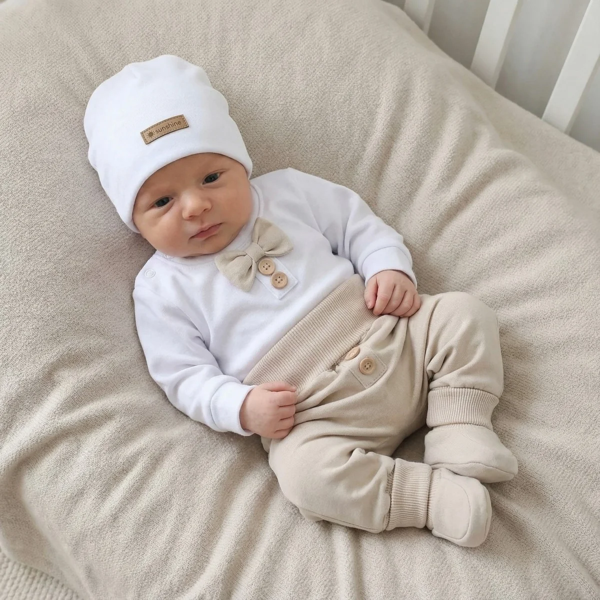 Kazum Bavlněná sada, body, kalhoty, motýlek a čepice Elegant Boy 5D, béžová/bílá