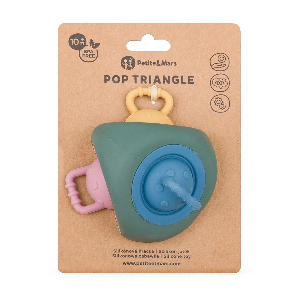 Petite&Mars Pop Up Triangle 10m+ silikonová hračka 1 ks misty green