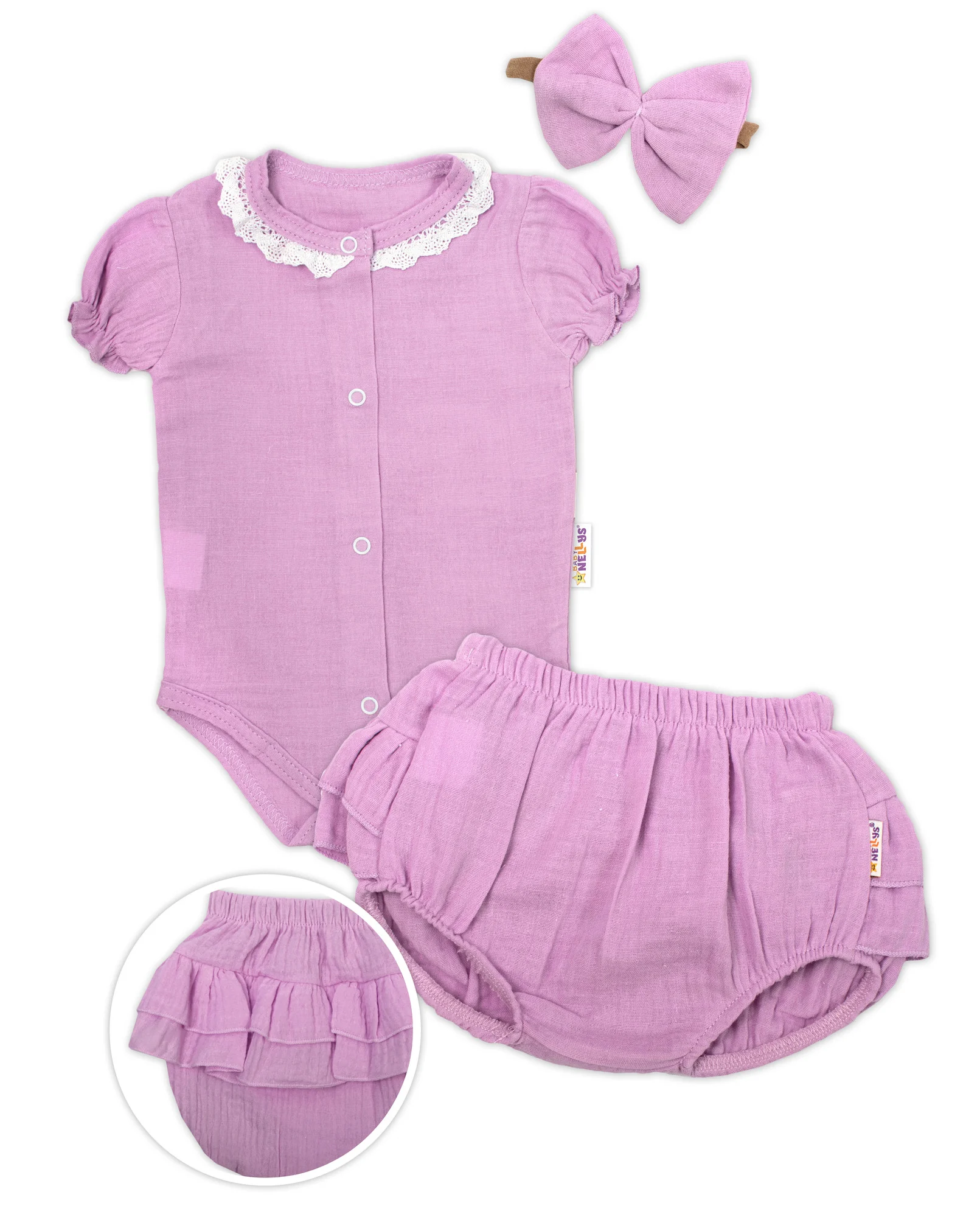 Baby Nellys 3-dílná mušelínová soupravička, body, kraťasky + čelenka GIRL, lila