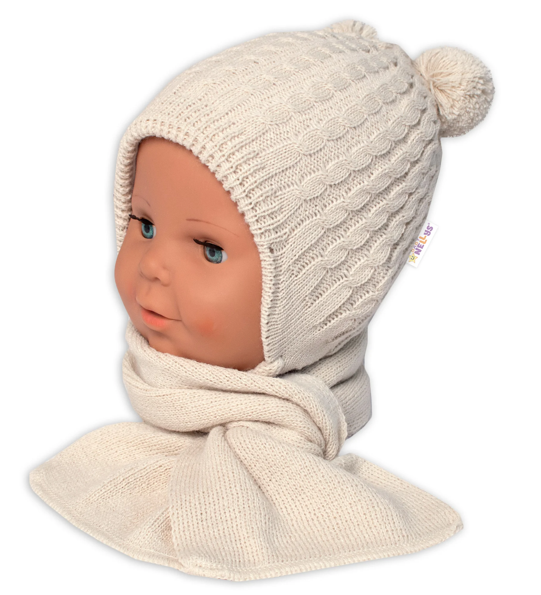 Baby Nellys Zimní čepice na zavazování s bambulky + šál, béžová vel. 62/68