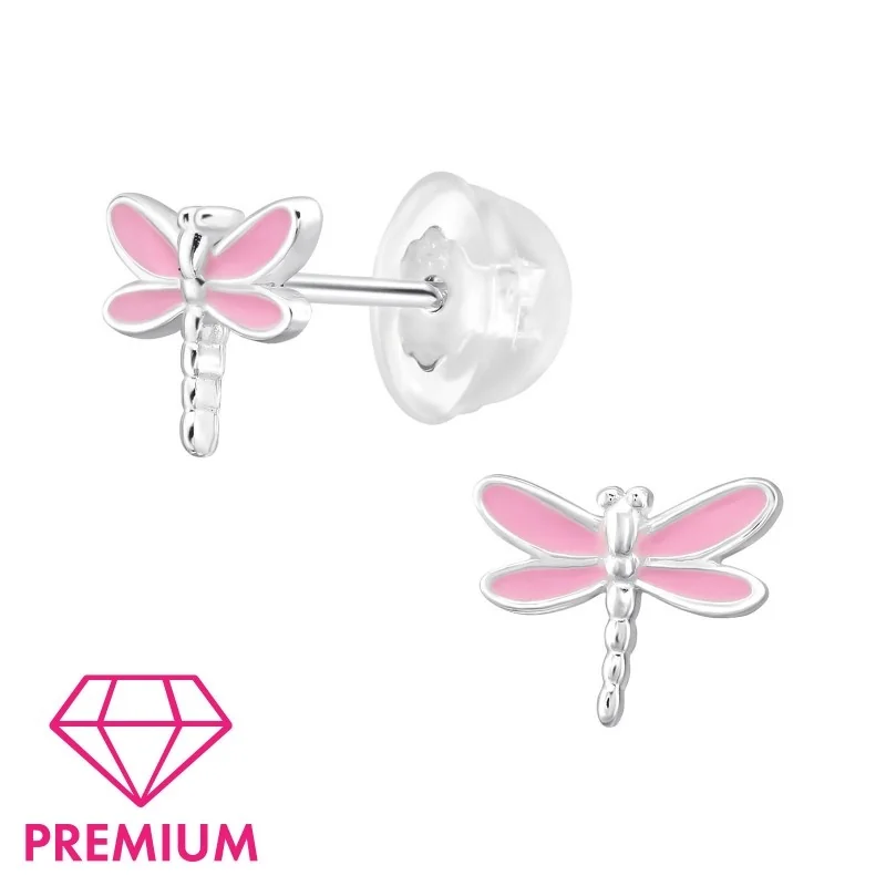 SILVER Dětské stříbrné náušničky Vážka, premium, puzetové, silikon