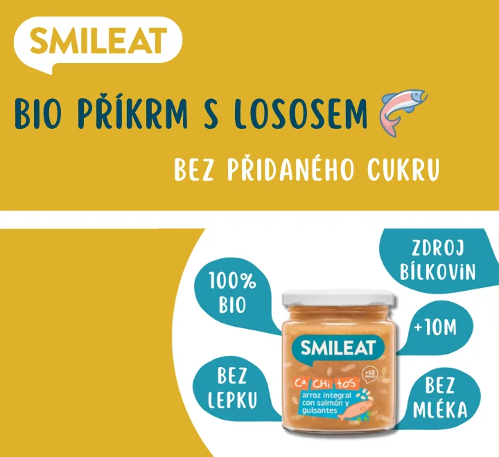 Smileat BIO příkrm losos s hnědou rýží a zeleninou 10M+. Bez přidaného cukru.
