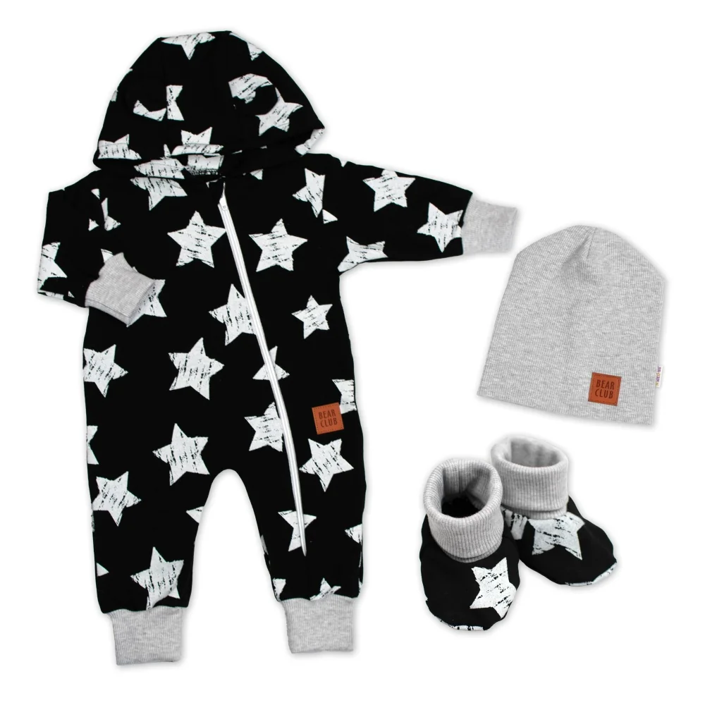 Baby Nellys Rostoucí teplákový overal, čepice, botky, 3D, Nature Star - černý, 56/62