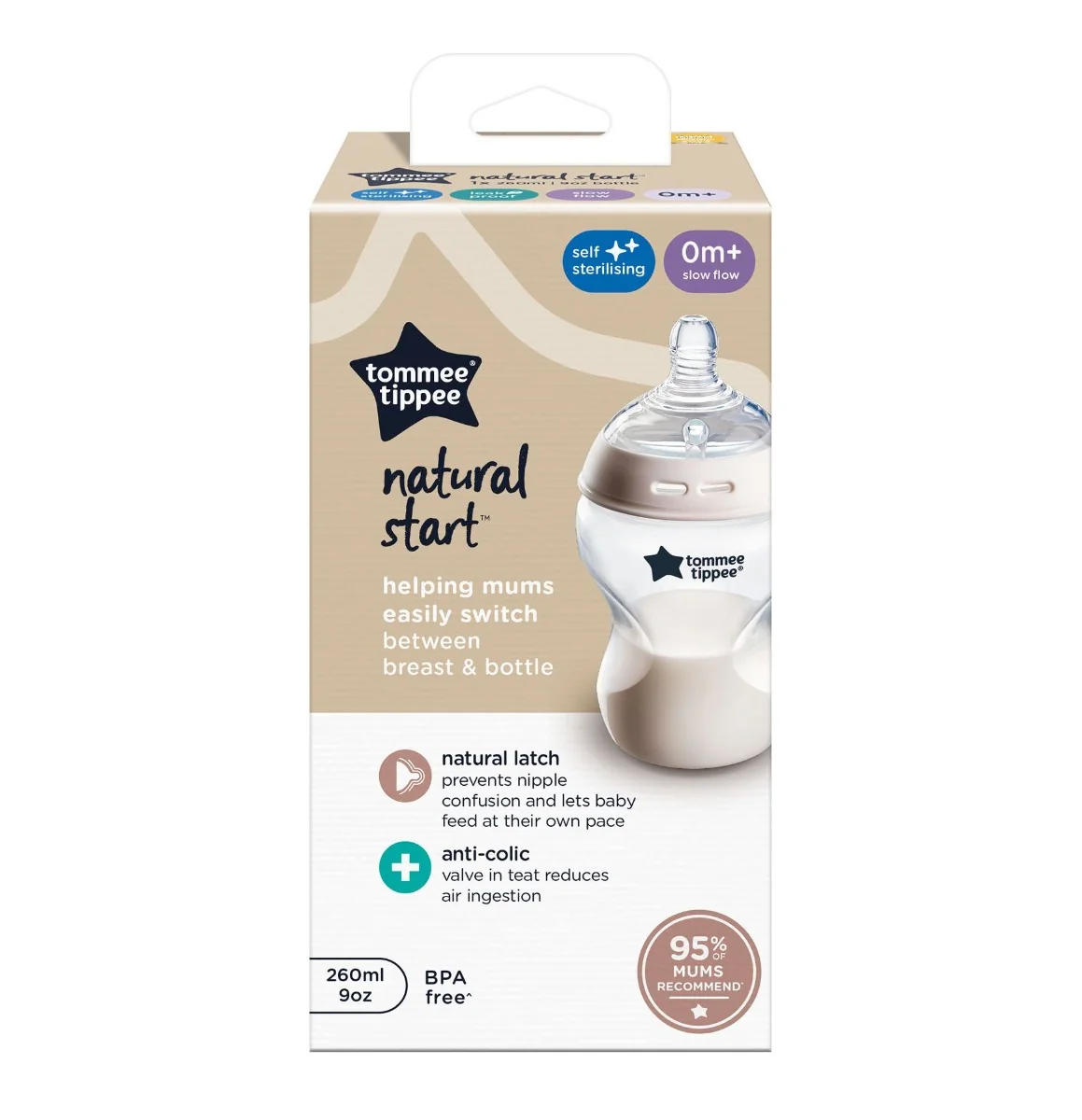 Tommee Tippee Natural Start Samosterilizační kojenecká láhev s Anti-Colic savičkou Pomalý průtok 0m+ 260 ml 1 ks čirá