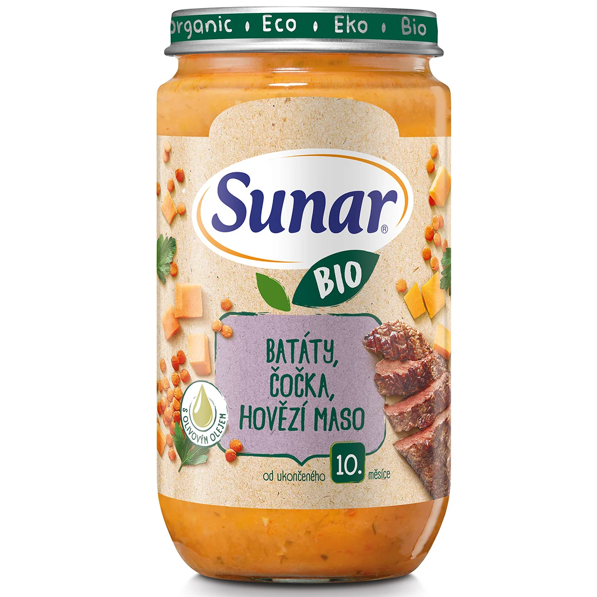 Sunar BIO příkrm Batáty, červená čočka a hovězí maso 10m+ 235 g