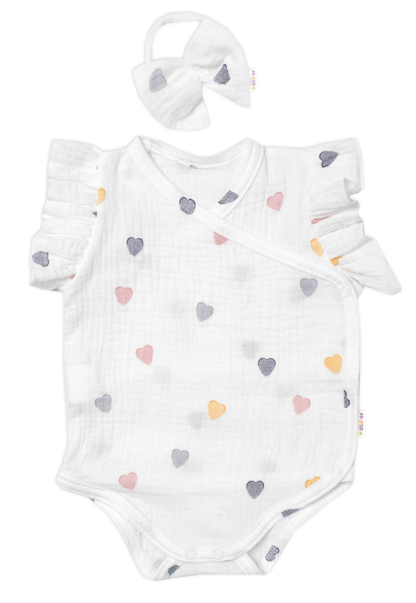 Baby Nellys Zavinovací body, kraťasky + čelenka, mušelín, Srdíčko vel. 86