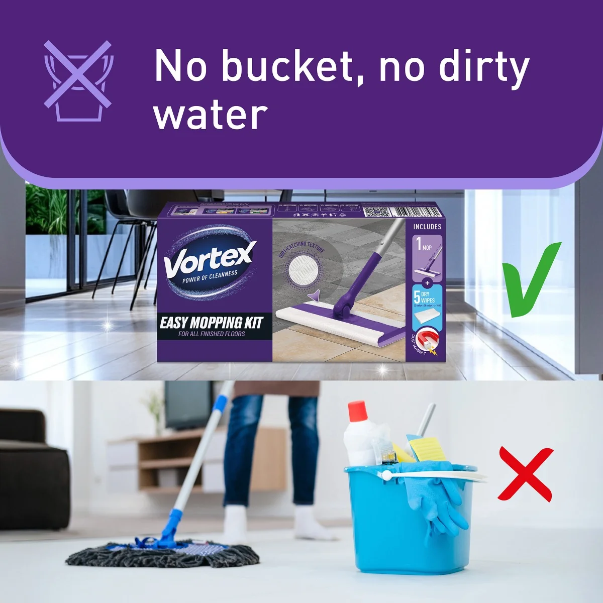 Vortex Souprava na lehké vytírání podlah mop 1 ks + suché ubrousky 5 ks