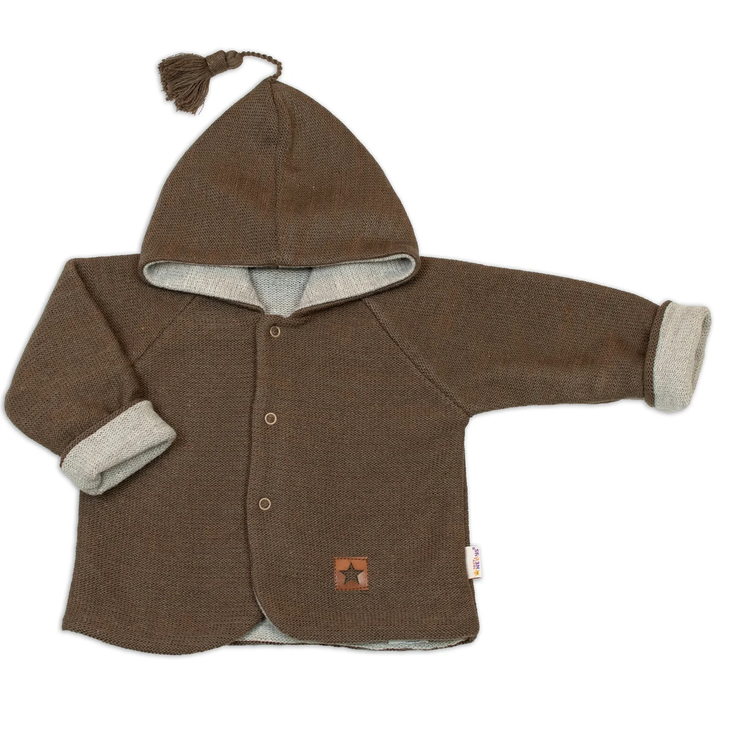 Baby Nellys Pletený kabátek/bundička s kapucí Star, oboustranný - hnědý, béžový, vel. 62