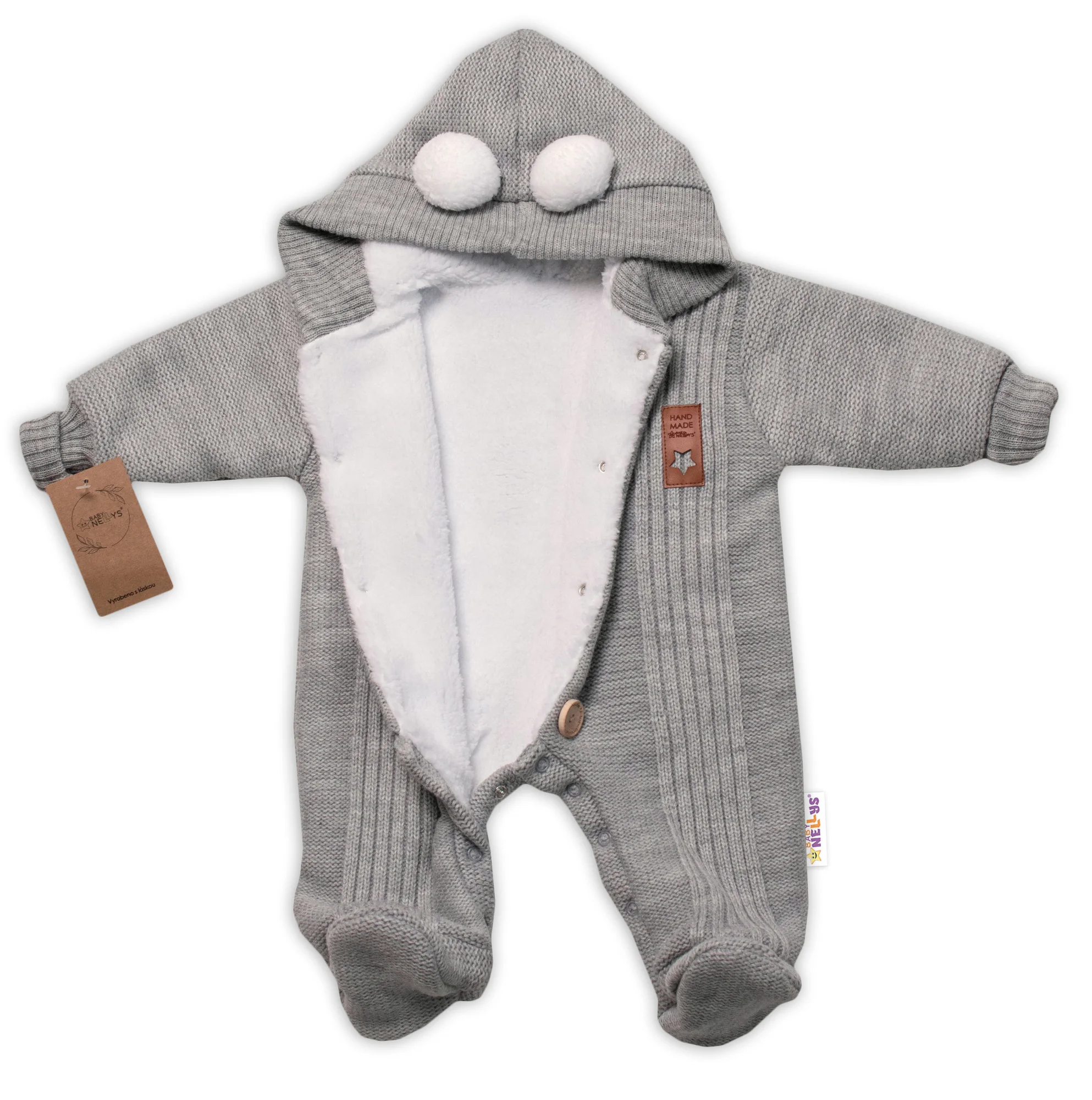 Baby Nellys Pletená kombinéza/overal LUX STAR s kožíškem - dvouvrstvá, šedá vel. 68