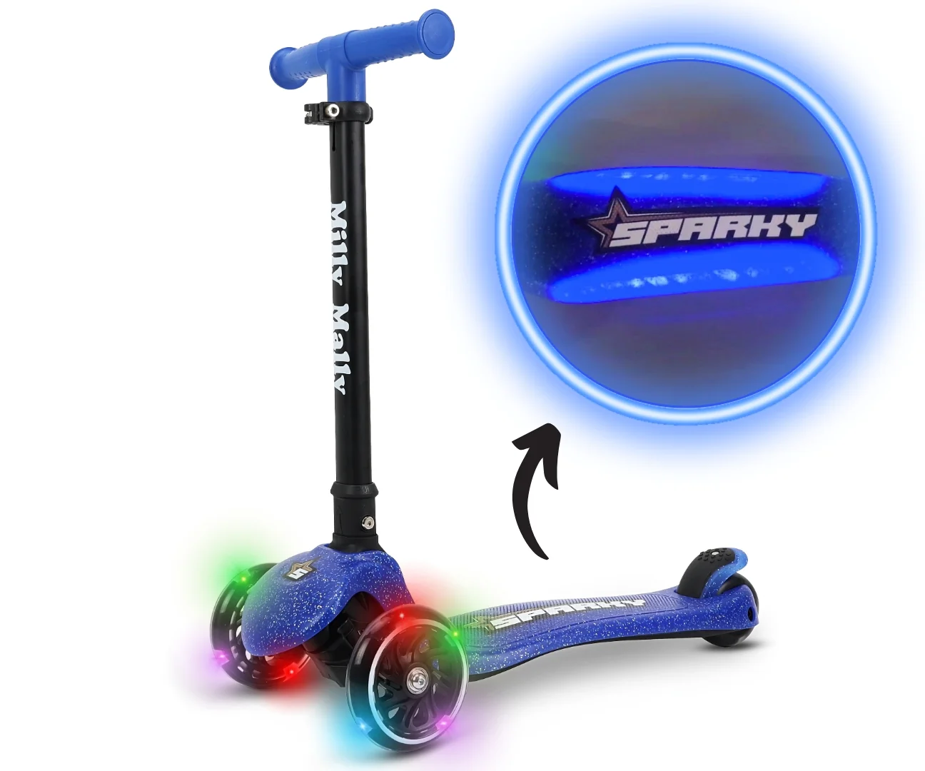 Milly Mally Dětská koloběžka SPARKY LED tříkolová – svítící kolečka, nastavitelná, modrá