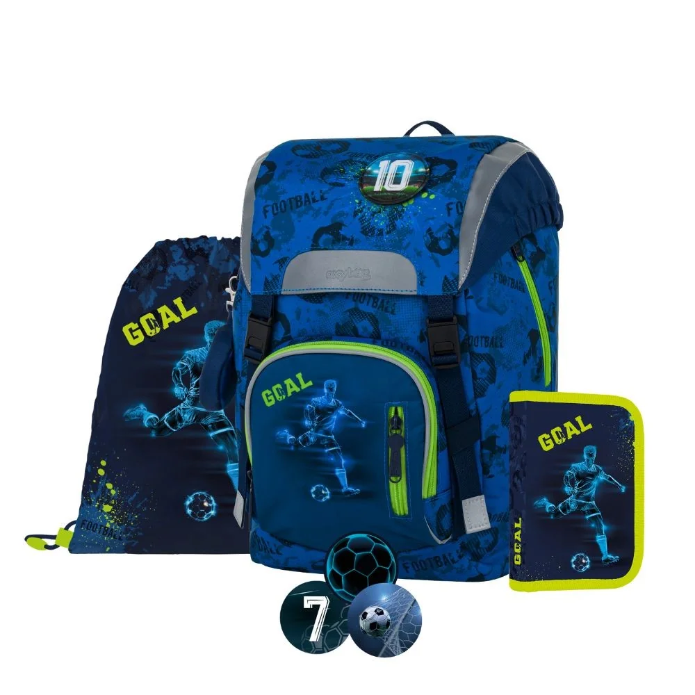 Oxybag OXY SKY - školní set Fotbal 4 ks: batoh, penál, sáček, placky batoh, penál, sáček