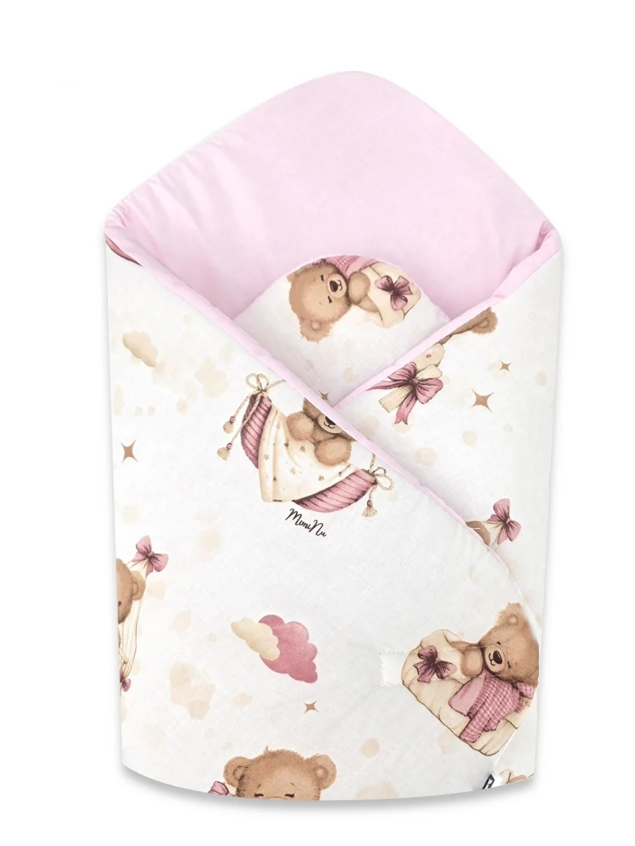 Baby Nellys Bavlněná zavinovačka pro miminka 75×75 cm – měkká, na suchý zip, Medvídci růžoví