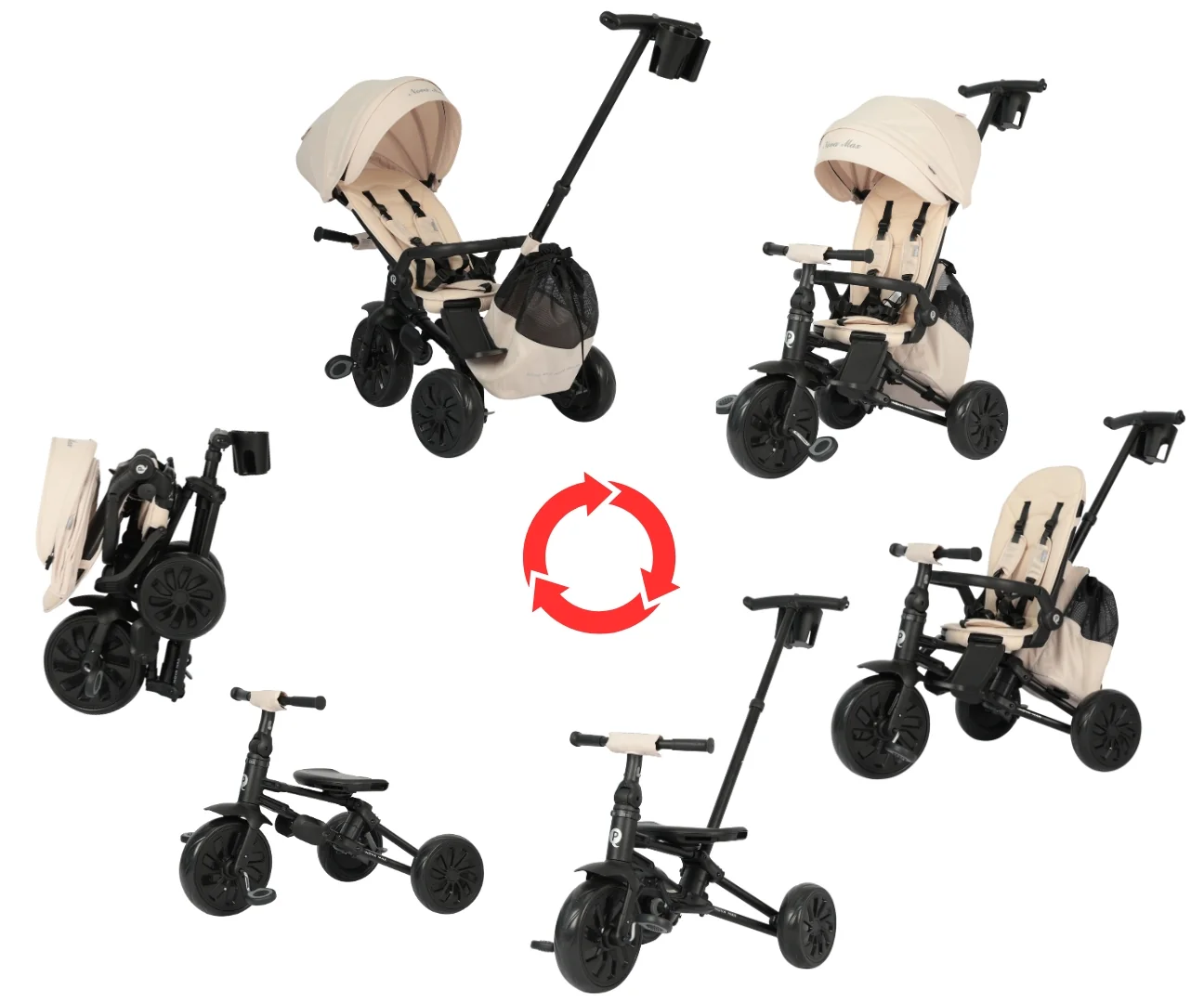 Milly Mally Dětská tříkolka Qplay NOVA MAX 360° s vodicí rukojetí - béžová