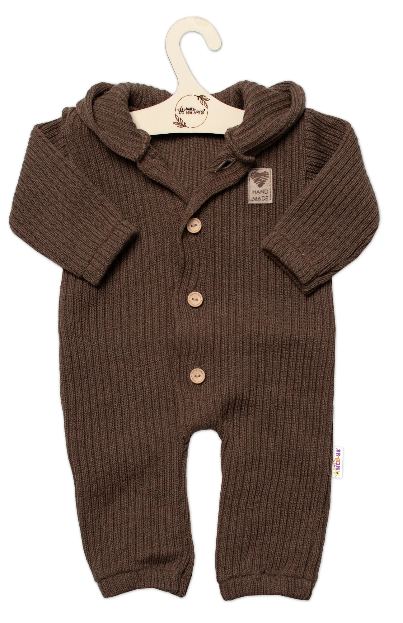 Baby Nellys Pletený overálek s knoflíčky Hand Made, hnědý,68/74