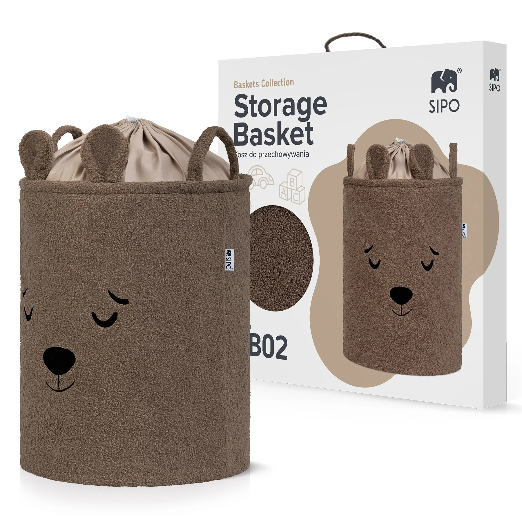 SIPO Koš na hračky Premium Bouclé se šňůrkou / 43 l, Bear (Brown)