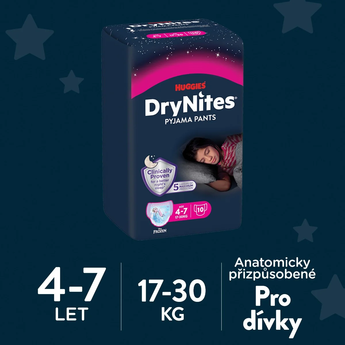 HUGGIES DryNites Girl 4–7 let 17–30 kg absorpční kalhotky 10 ks
