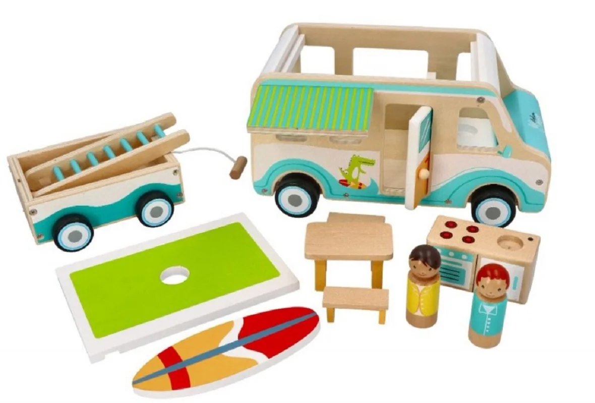 Adam Toys Dřevěnný autokaravan s přívěsem a příslušenstvím,