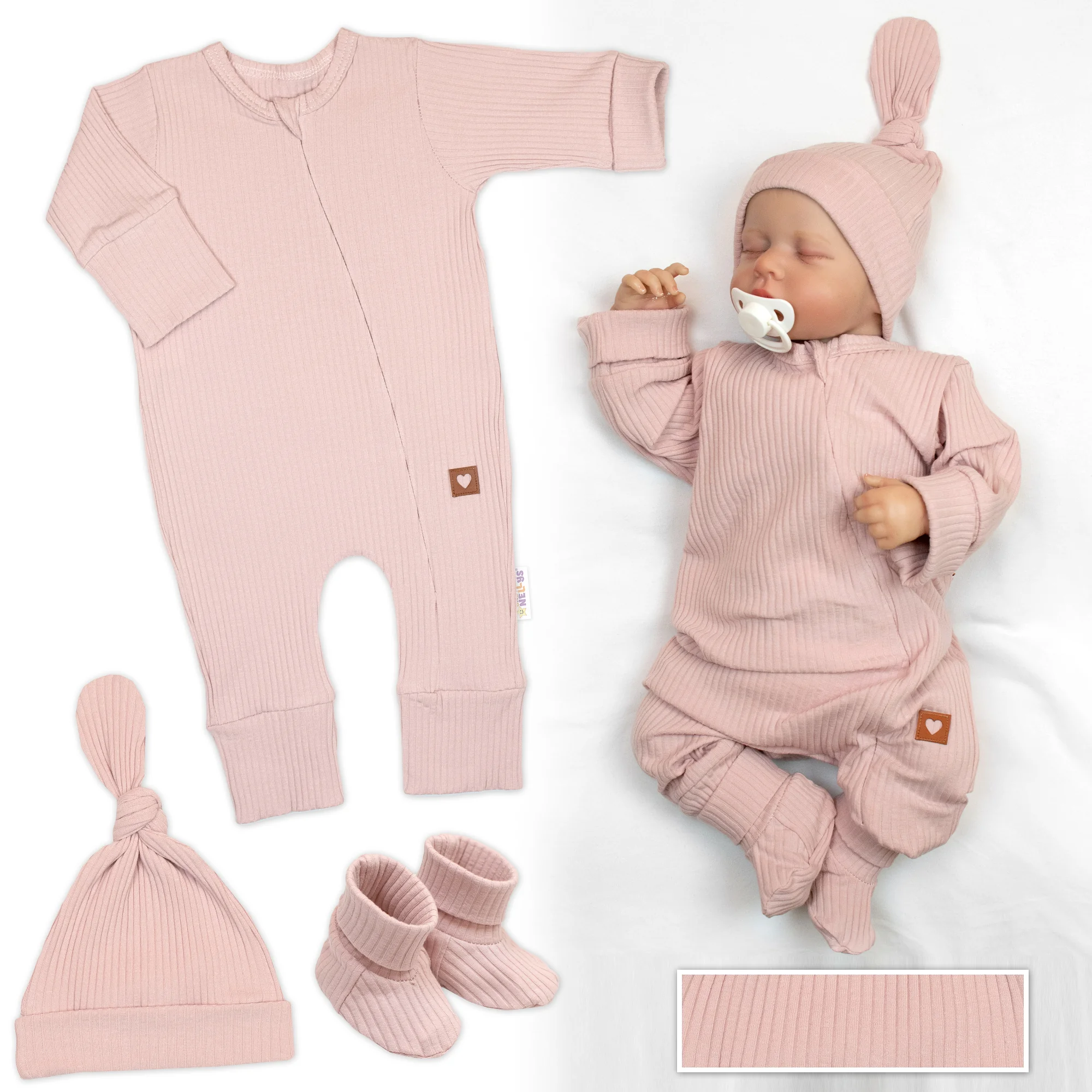 Baby Nellys Rostoucí žebrovaný overálek, čepička a botičky, 3D, Nature