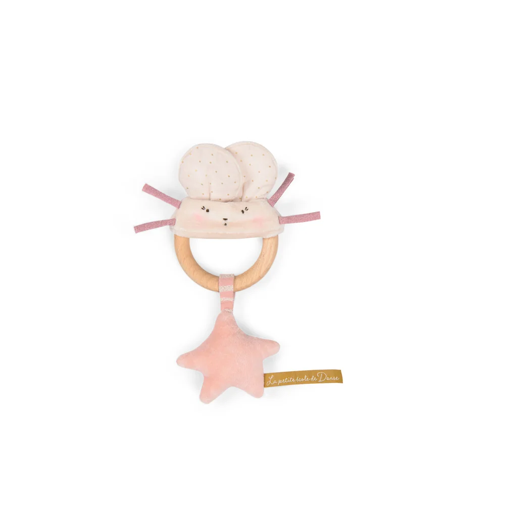 Moulin Roty Chrastítko s dřevěným kroužkem Pink mouse
