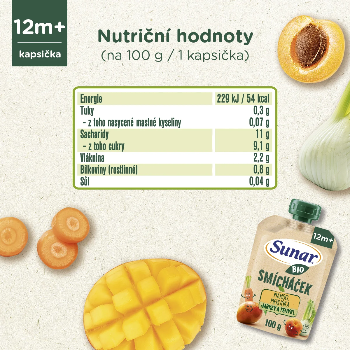 Sunar BIO Smícháček Mango, meruňka, mrkev, fenykl kapsička 100 g