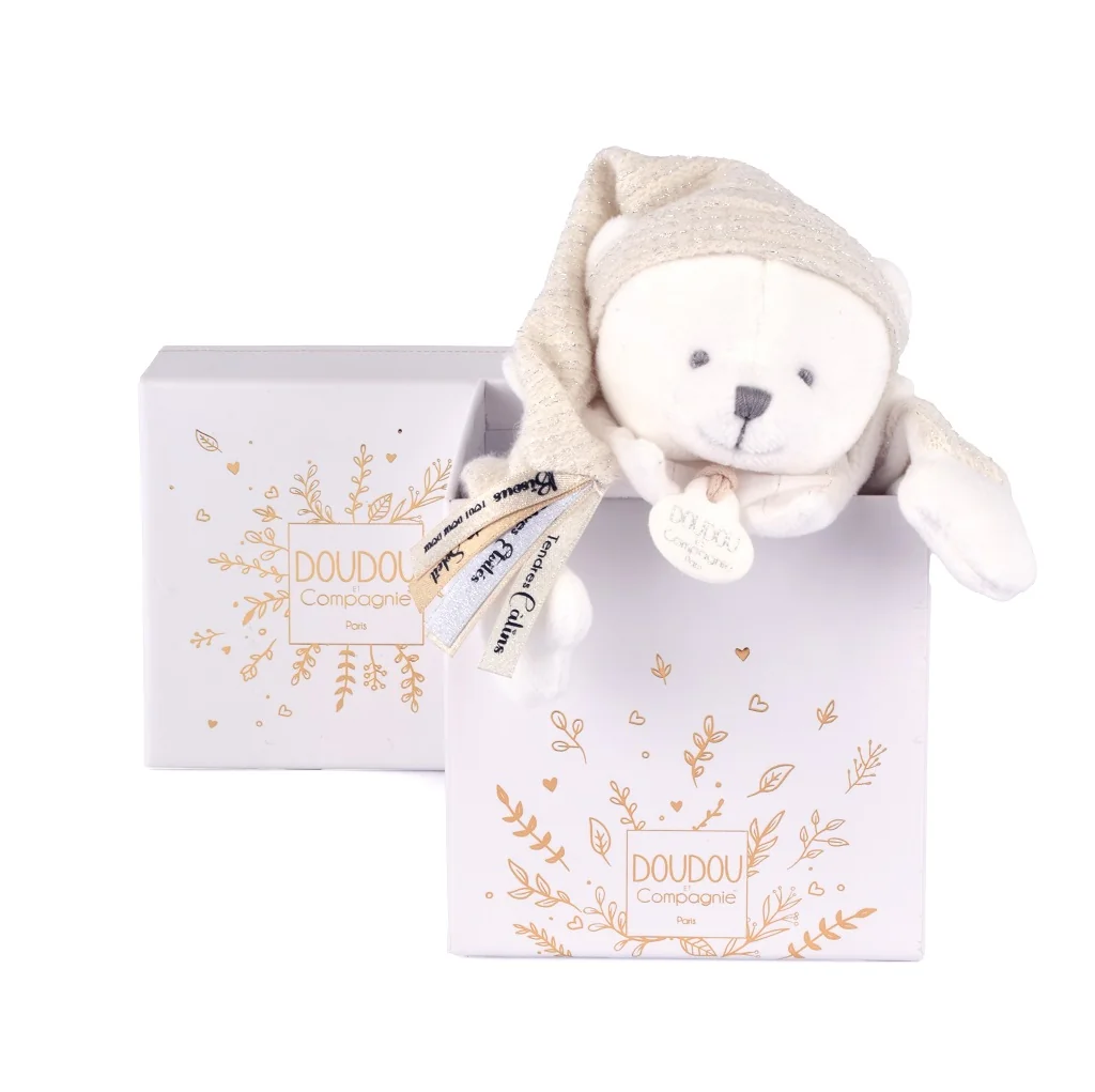 Doudou et Compagnie Paris Dárková sada Plyšový muchláček medvídek s čepičkou béžový 25 cm