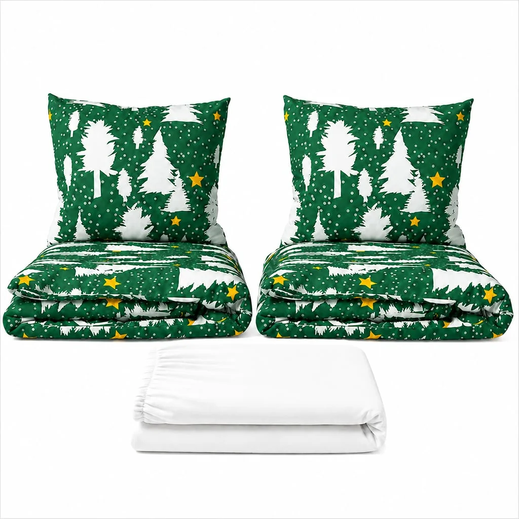 Povlečeme vše Set dvoulůžko Stromky zelené - 2x povlečení, prostěradlo 180x200 cm (019) bílá