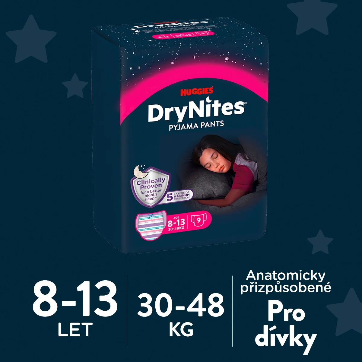 Huggies DryNites Natahovací kalhotky pro dívky 8–⁠⁠⁠⁠⁠⁠13 let 30–48 kg 9 ks
