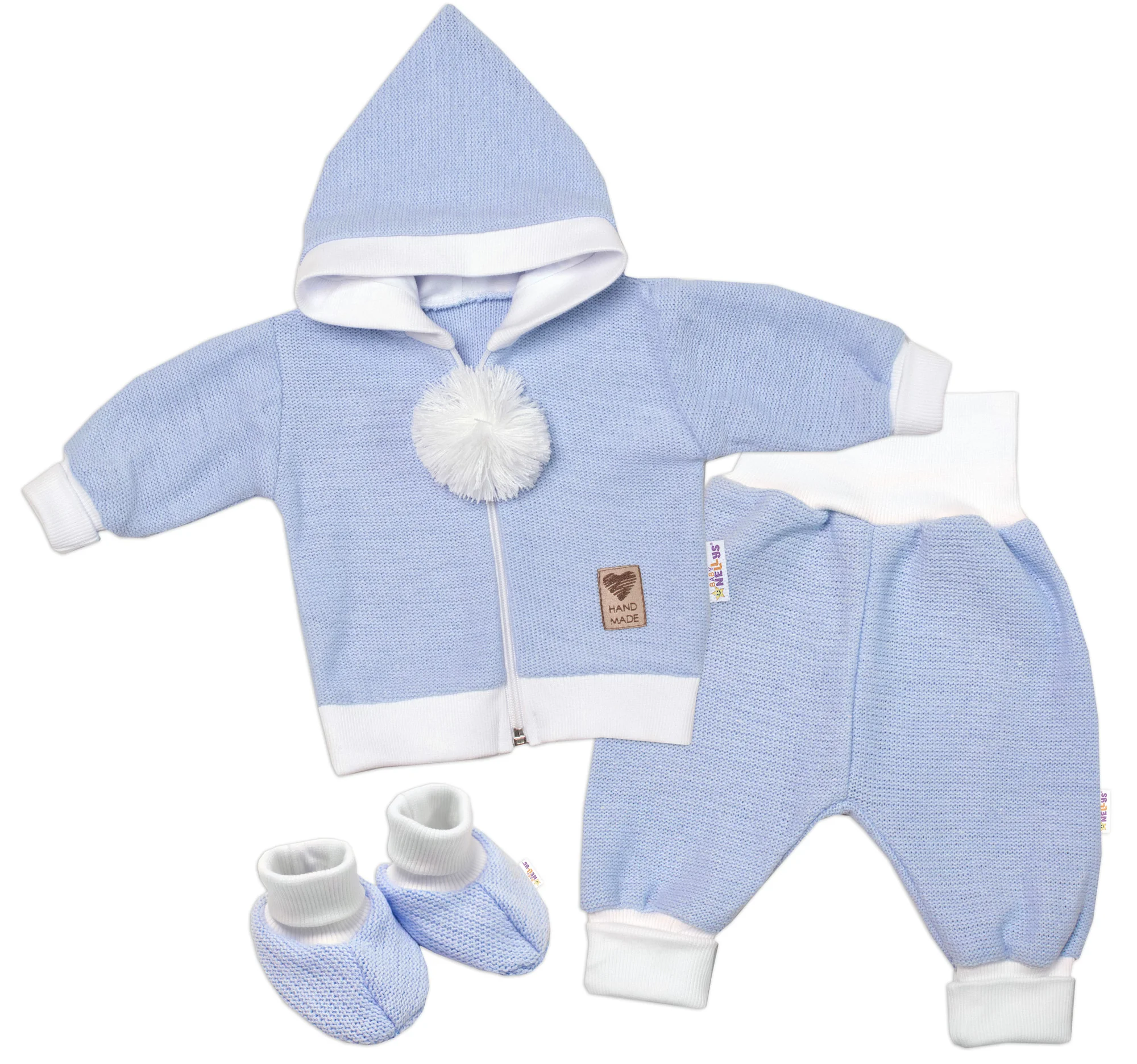 Baby Nellys 3D sada Hand made, kabátek, kalhoty, botičky, modrá,62