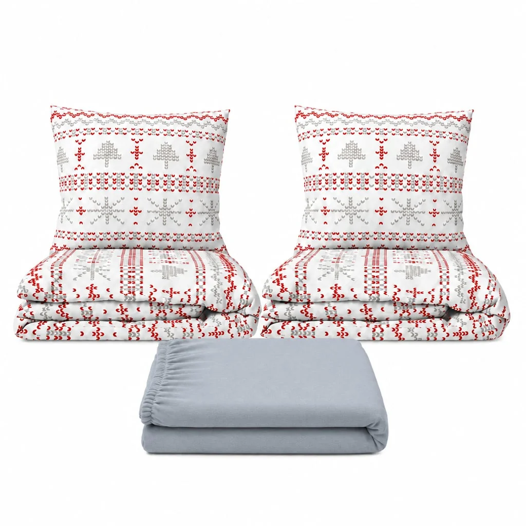 Povlečeme vše Set dvoulůžko Červená zima - 2x povlečení, prostěradlo 180x200 cm (003) sv.šedá