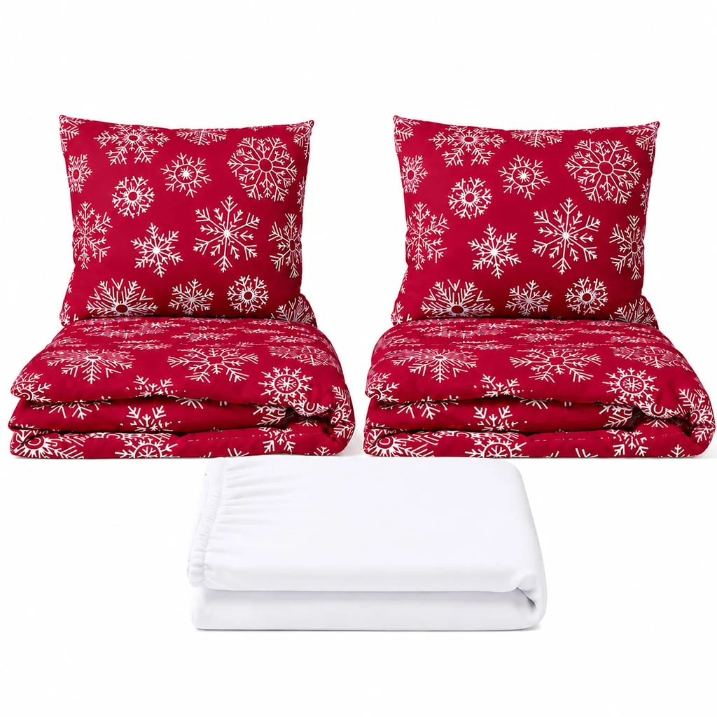 Povlečeme vše Set dvoulůžko Vločky červené - 2x povlečení, prostěradlo 180x200 cm (037A) bílá