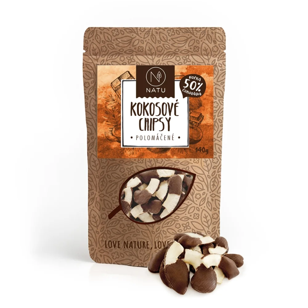 NATU Kokosové chipsy polomáčené 50% hořká čokoláda 140 g