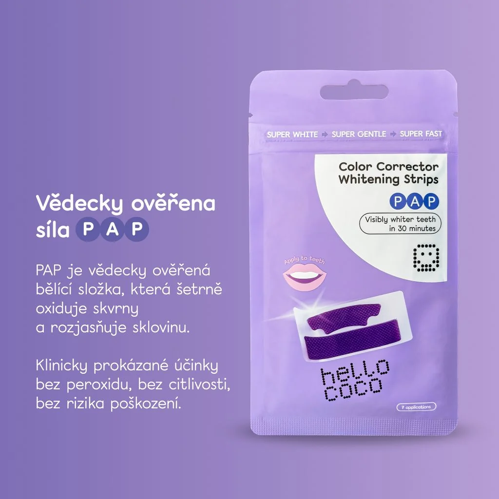 Hello Coco PAP Bělicí pásky na zuby s korektorem barev 7 aplikací 14 ks