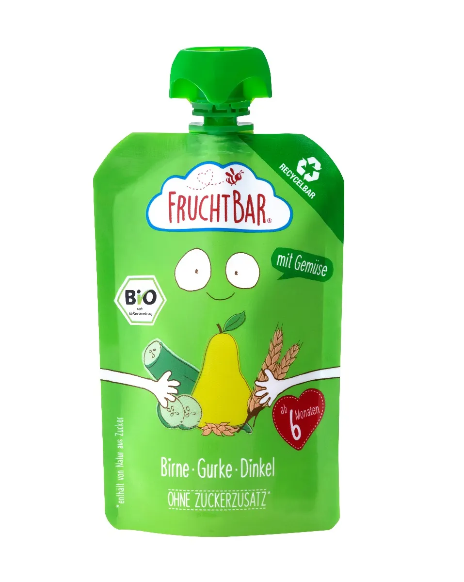 FruchtBar BIO Ovocná kapsička s hruškou, okurkou a špaldou 100% recykovatelná 100 g