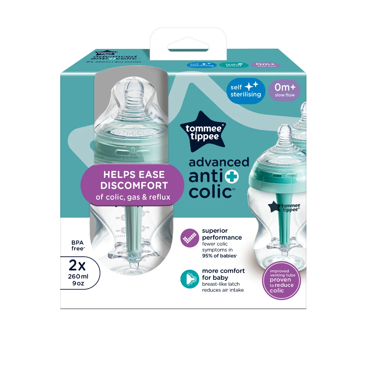 Tommee Tippee Advanced Anti-Colic Samosterilizační kojenecká lahev Pomalý průtok 0m+ 260 ml 2 ks