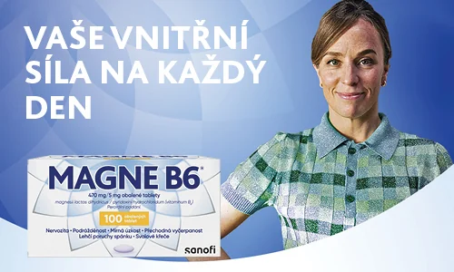 Magne B6® 470 mg/5 mg 100 tablet. Obsahuje kombinaci hořčíku a vitaminu B6