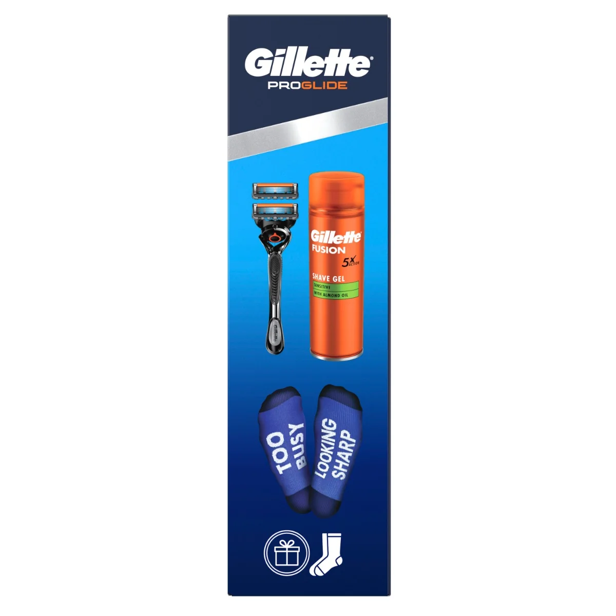 Gillette Xmass sada holicí strojek + 2 hlavice, ponožky a gel na holení 200 ml