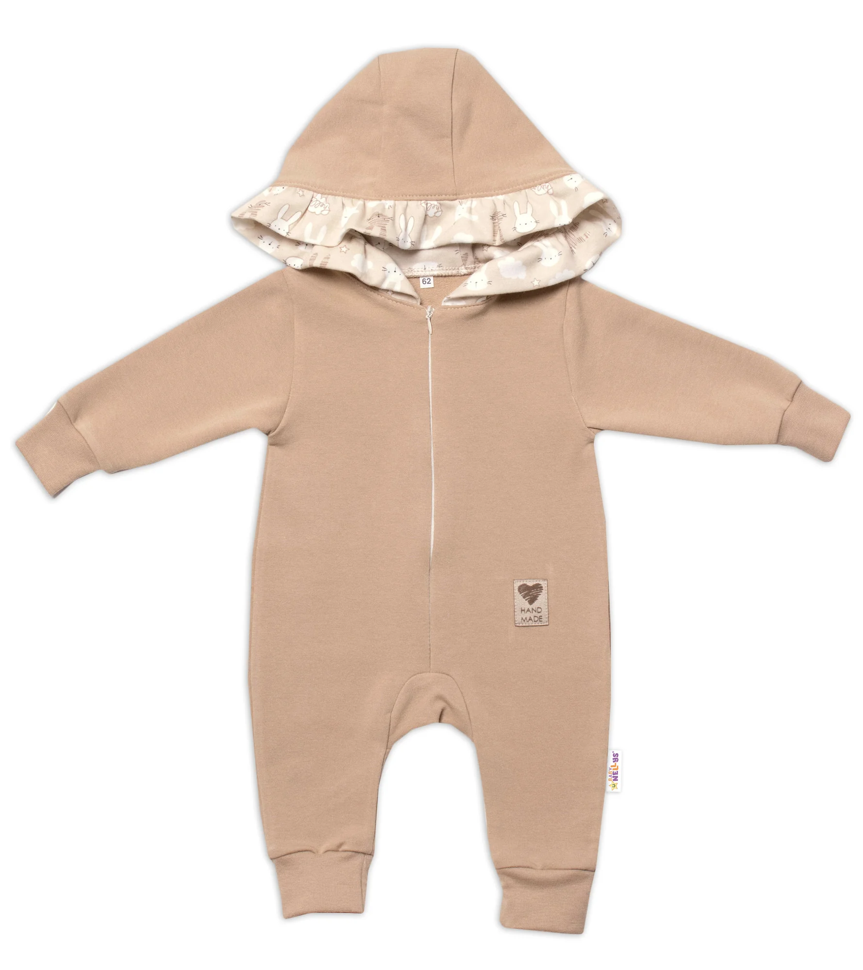 Baby Nellys Teplákový overal s kapucí a volánkem, cappuccino, vel. 68